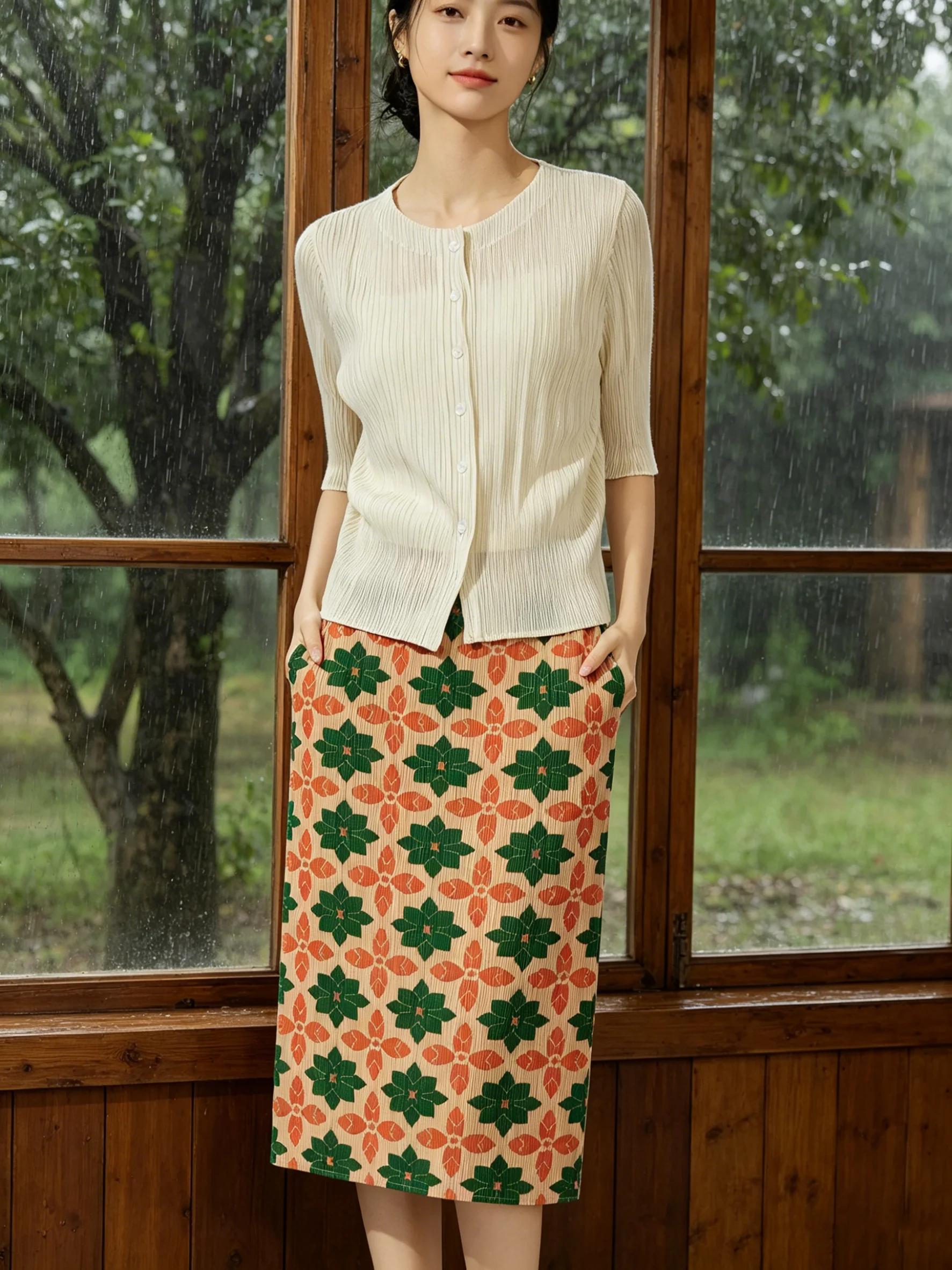 Summer Slimming Floral Print Pleated Set Half-length Sleeve Open Cardigan Skirt Two-piece Women's Fashion Ensemble