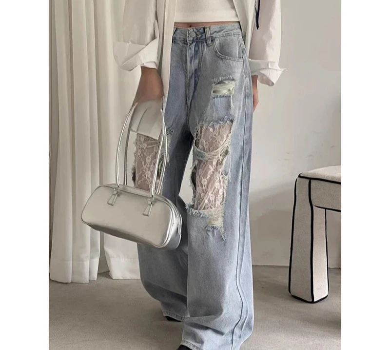 الرجعية الأمريكية ممزق الدانتيل تقسم ​ ​ جينز نسائي فضفاض بأرجل واسعة 2025 تصميم صيفي بنطال مستقيم عالي الخصر