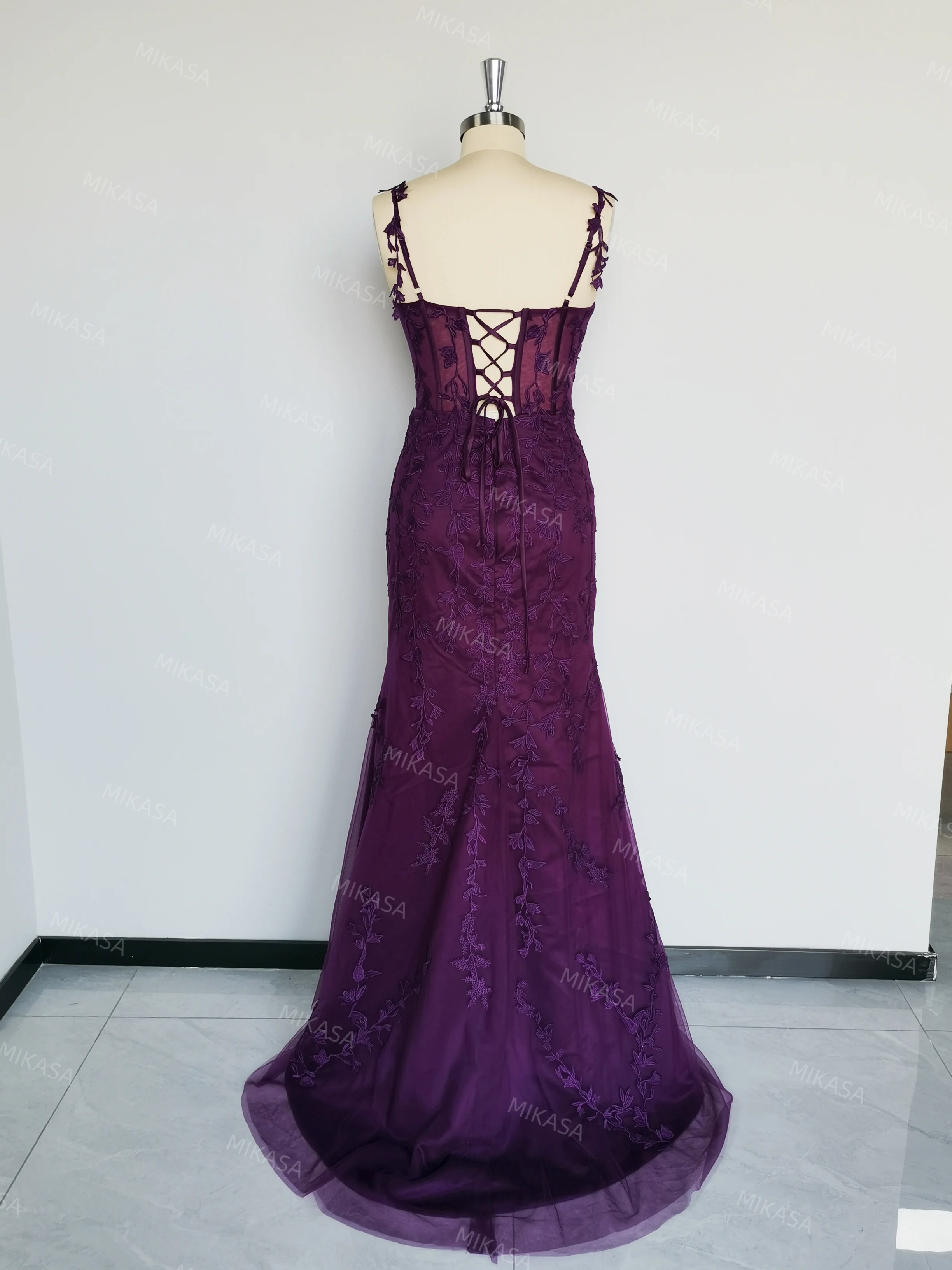 Tulle Spaghetti Straps Mermaid Prom Dresses Sweetheart Neck Appliques Floor-Length Evening Dress High Split Lace Up Ball Gown