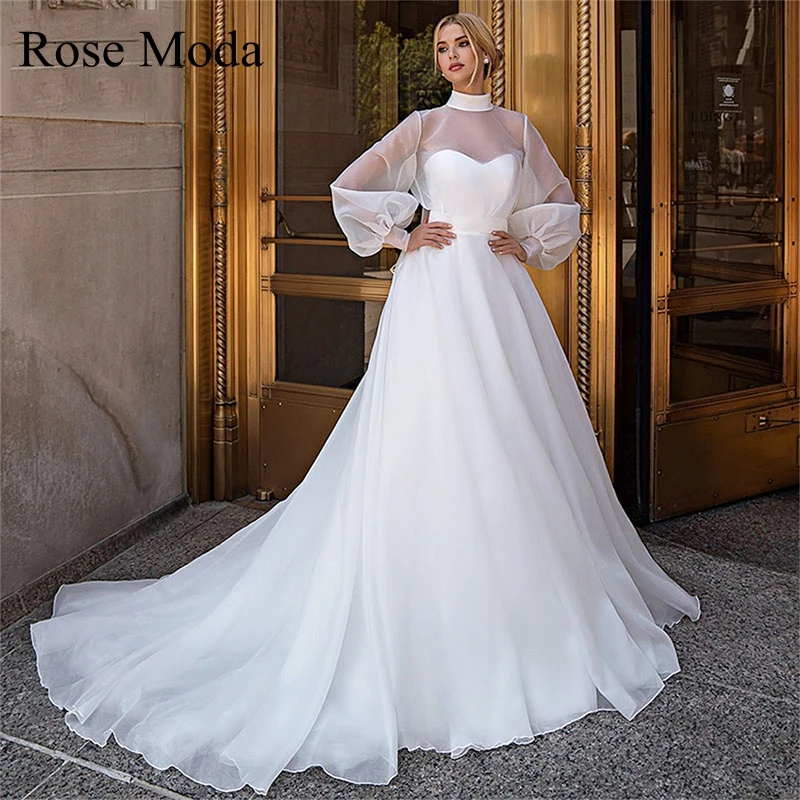 

Rose Moda High Neck Long Lantern Sleeves Princess Wedding Dresses with Removable Jacket Destination Bridal Gown Custom Make