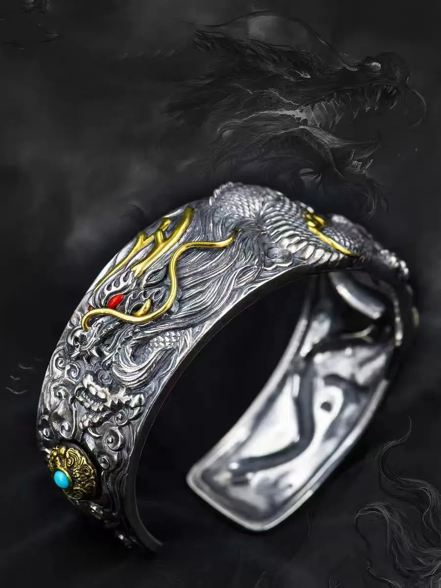 Retro Domineering Dragon Bracelet Chinese National Style Tenglong Cuff Bracelet Men's Punk Rock Locomotive Riding Amulet Jewelry