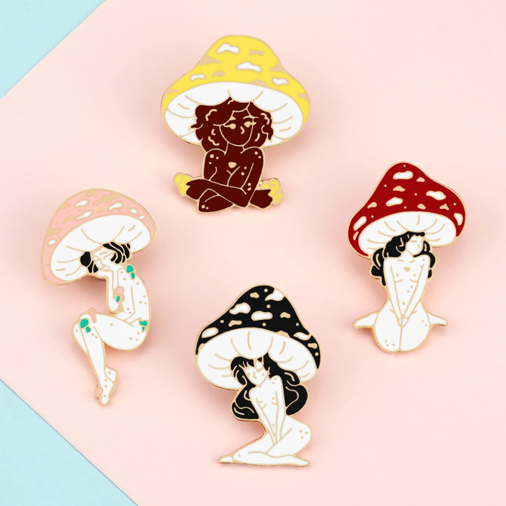 Vintage Beautiful Art Brooches Pins For Women Lady Mushroom Style Girl Sculpture Enamel Badge Funny Shirt Lapel Pin Jewelry Gift