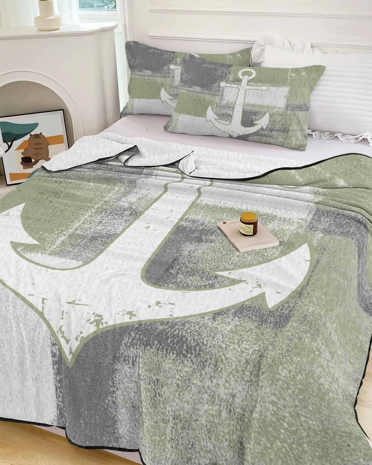 

Retro Abstract Paint Ship Anchor Sage Green Summer Cooling Quilt Air Condition Blanket Comfortable Lightweight Thin Quilt