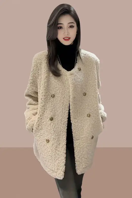 

Новая женская утепленная меховая куртка 2025 года: повседневное свободное двубортное теплое пальто, однотонное, осенне-зимнее, в стиле ретро, верхняя одежда