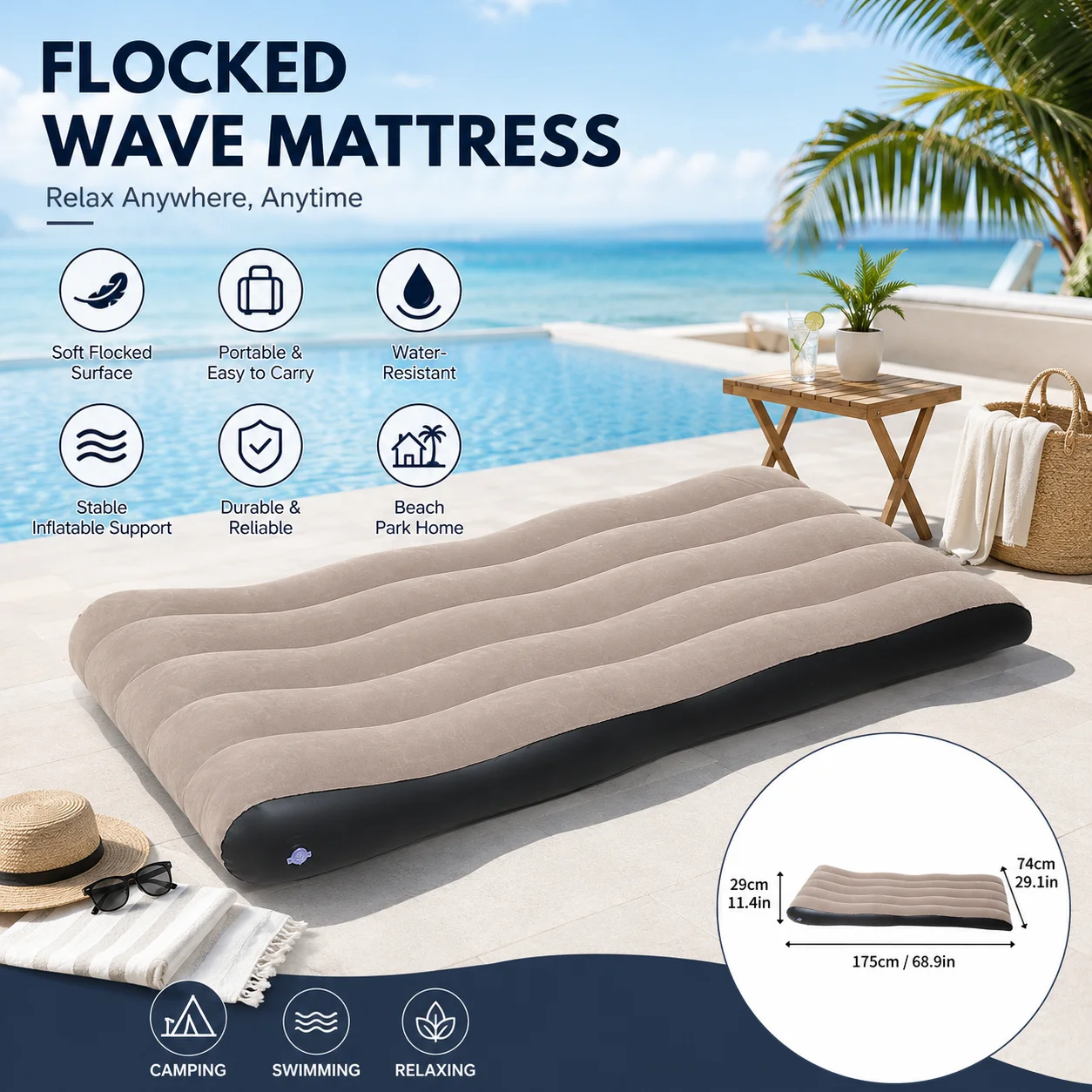 

Flocked Inflatable Air Bed Breathable Thermal Insulation Moisture Proof Mattress Practical Gear For Home Indoor Outdoor Camping
