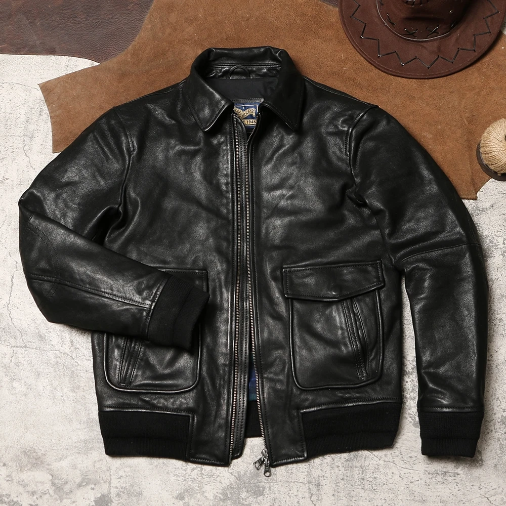 Black Autumn Pilot Leather Jacket Men Military Style Plus Size 5XL Natural Sheepskin A2 Aviation Genuine Leather Coat