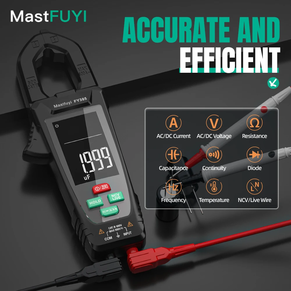 

MASTFUYI 10000 Counts DC AC Current Clamp Meter Digital Multimeter 600A Amperimetric Clamp NCV capacitance Electrician Tool