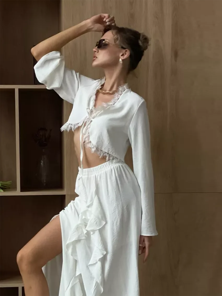 Marthaqiqi Fashion Women Sleepwear Set Crop Top Pajamas Lace Up Nightie Long Sleeve Nightgowns Long Skirt Ladies Nightwear Suit