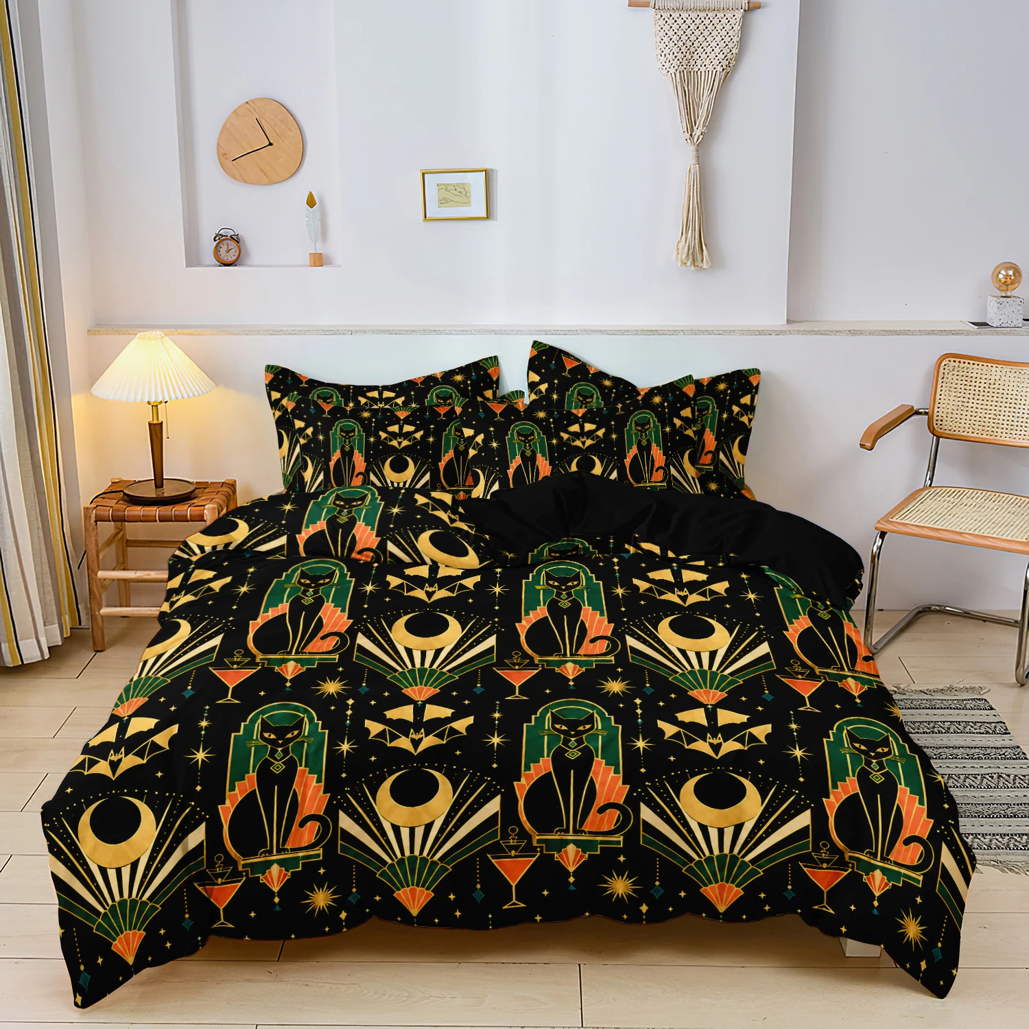 3Pcs Art Deco Cat Moon Bat Geometric Fan Pattern Egyptian Cat Duvet Cover Set, Black Bohemia Bedding, Home Bedroom Decoration