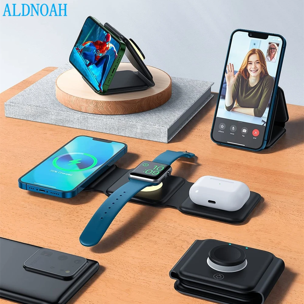 

ALDNOAH 15W Magnetic Wireless Charger 3 in 1 Stand Foldable for iPhone 13 12 Pro Airpod Pro 3 iWatch 7 6 Portable Fast Chargers