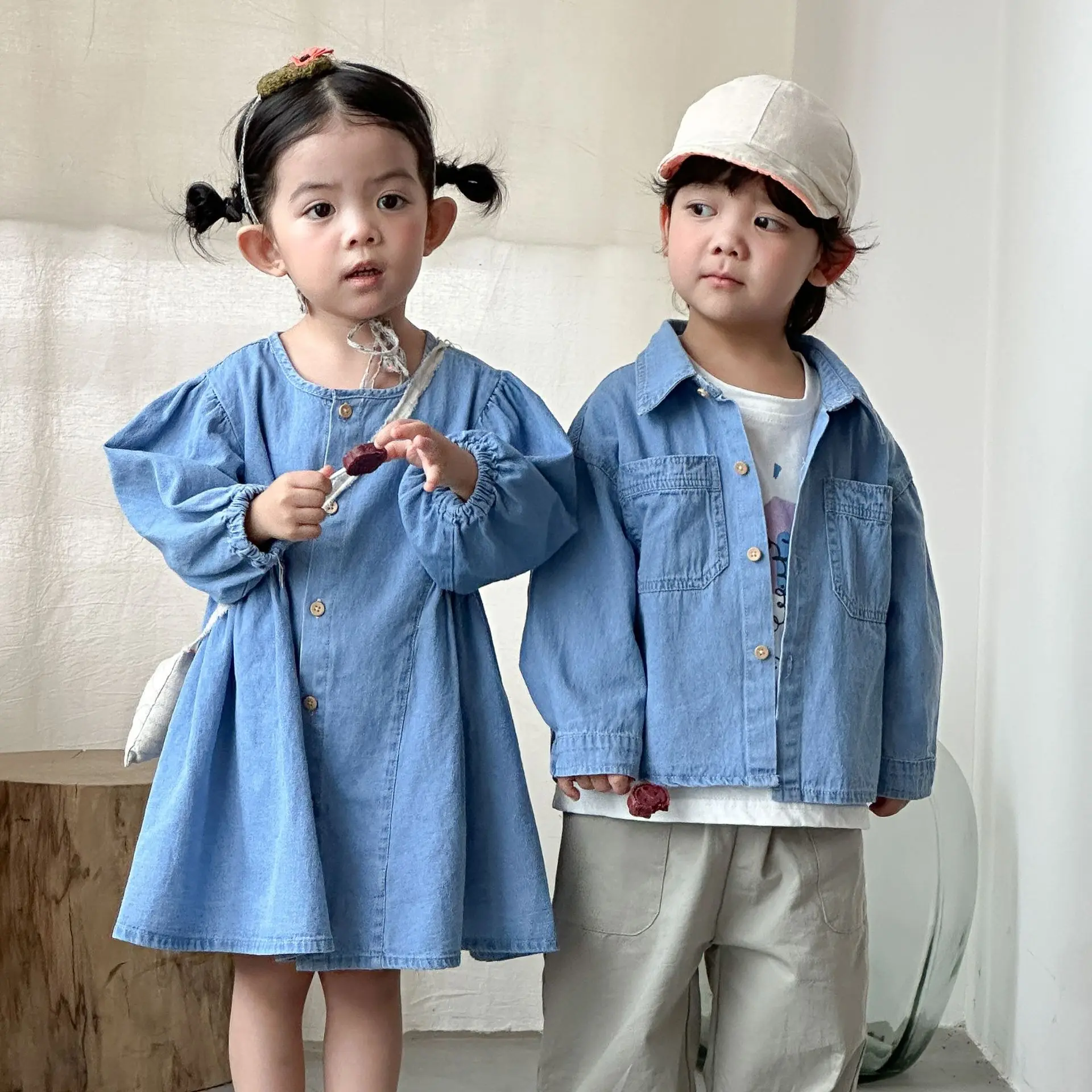 Girls Denim Dress Children 2026 New Spring and Autumn Baby Boys Long Sleeve Shirt Brother and Sister Spring Clothes