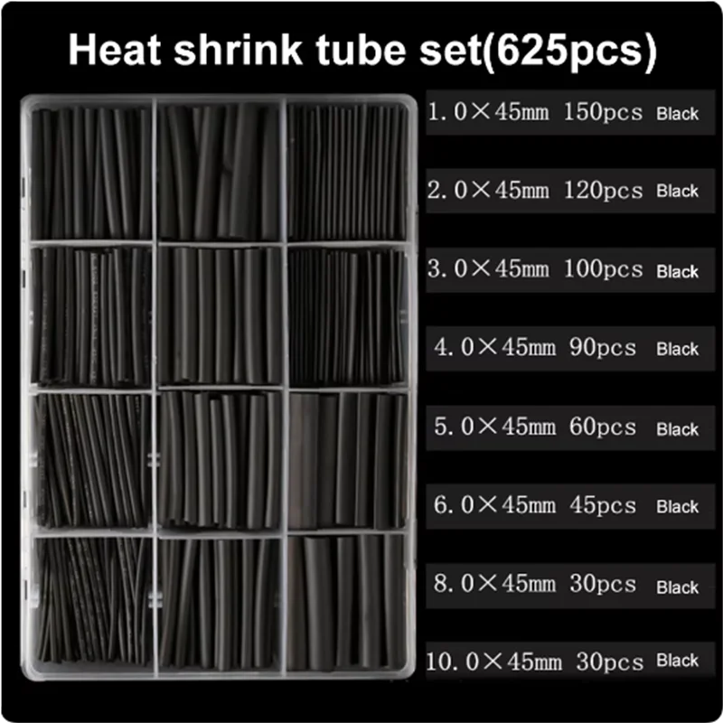 625pcs/lot Thermoresistant tube Shrink wrapping 2:1 Black heat shrink Sleeving set Wire Cable Polyolefin Wrap Tubing