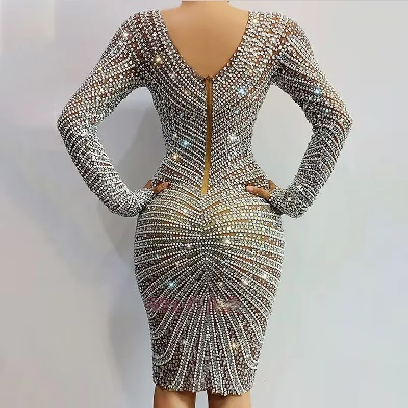 Beauty Mesh Dress for Women Shining High end Rhinestone Bead Evening Dress Long Sleeve Slimming Sexy Dress for Ladies Fashion