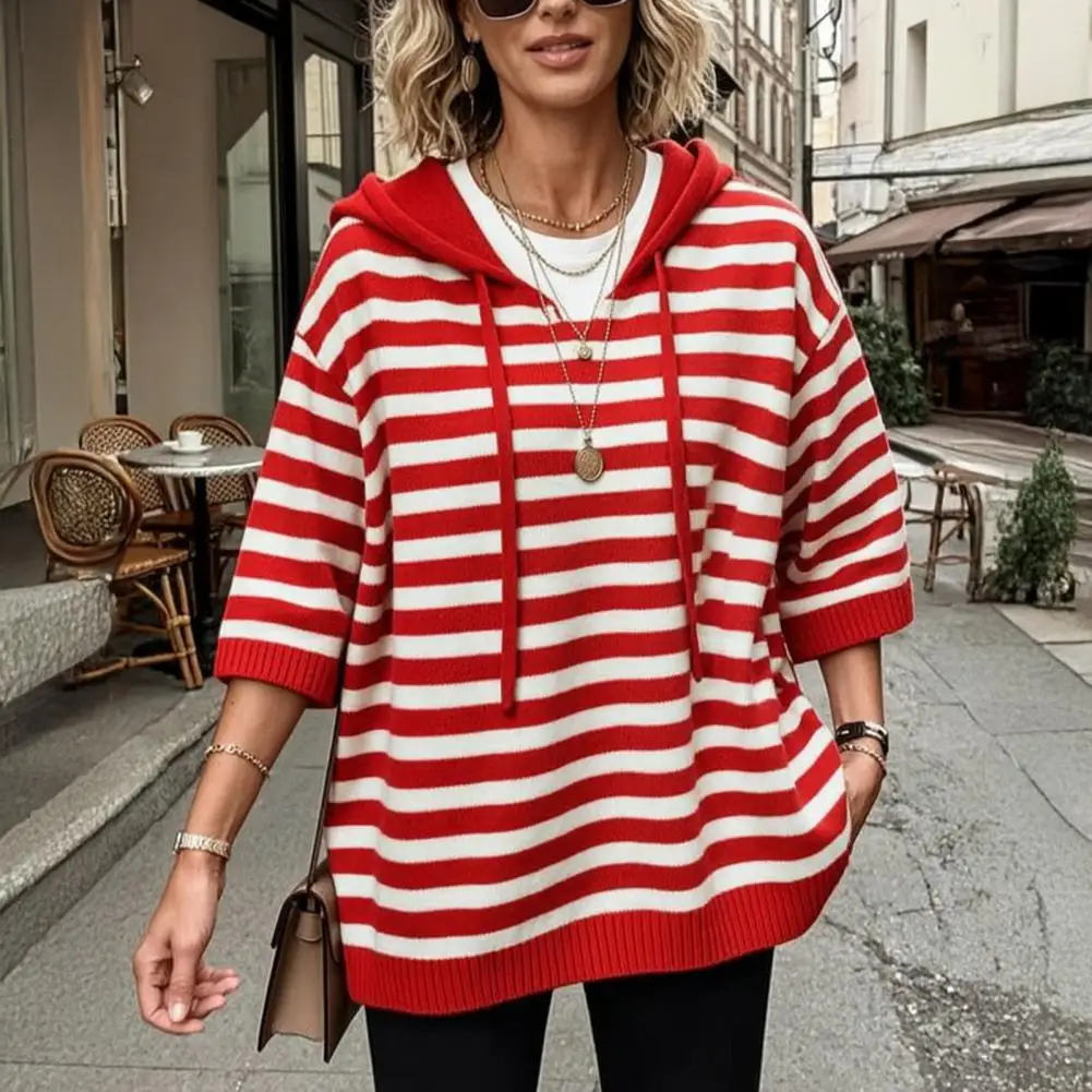 Women Hooded Striped Knit Sweater, Casual Loose Half Sleeve Drawstring Sweater, Autumn Winter Hooded Pullover Top Pullover Sweat