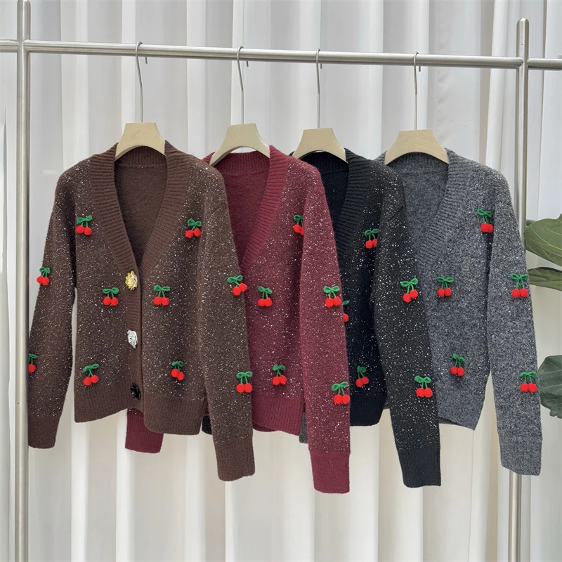 

Кардиган для женщин, новинка зимы 2025, однобортный облегающий топ с длинными рукавами, 3D вишневый декор с v-образным вырезом, женский свитер, пальто y2k