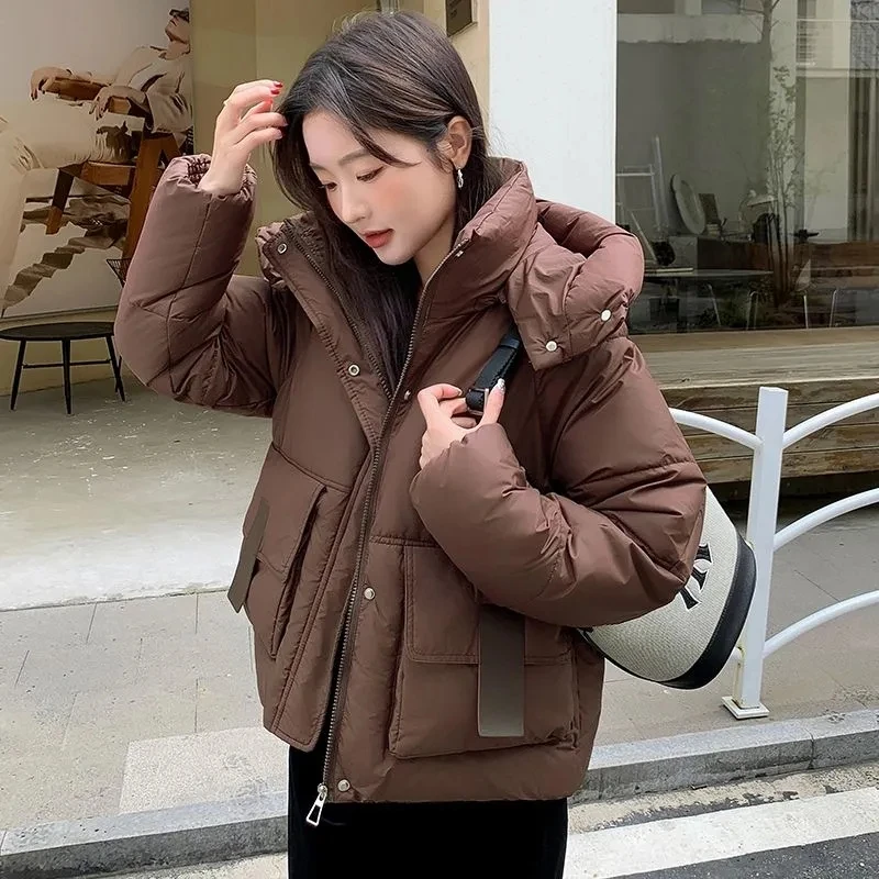 2025 inverno chique com capuz para baixo algodão puffer parka casacos feminino solto sólido engrossar jaqueta quente feminina nova moda zíperes outwear