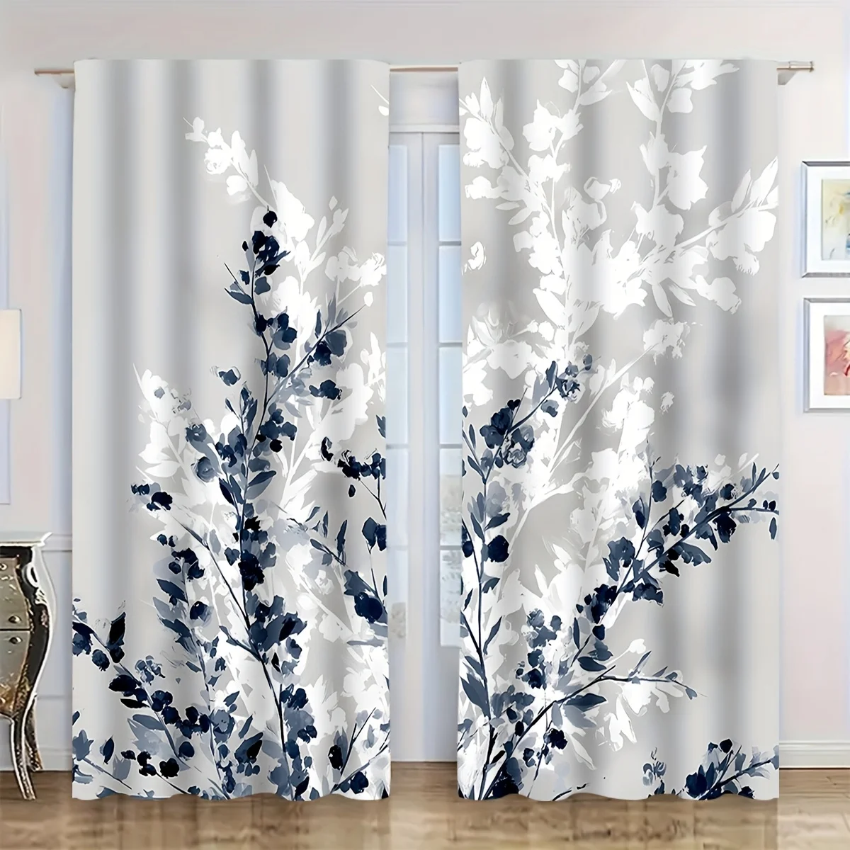 

2pc Simple blue watercolor floral curtains, made of polyester, machine washable, suitable for living room and bedroom.