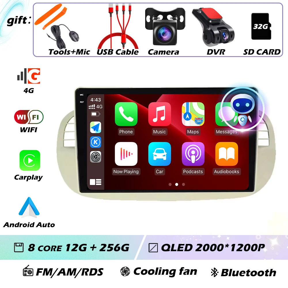 9 ''Android 16 Autoradio Stereo voor Fiat 500 2007-2015 met GPS Navigatie Stuurbediening Multimedia Carplay auto WIFI