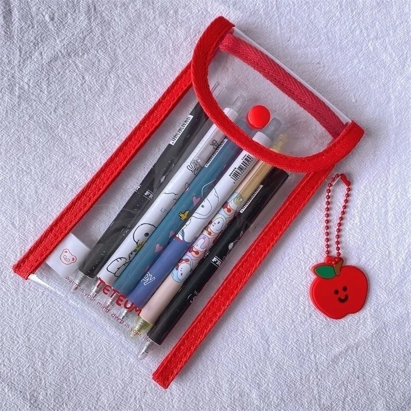 Transparent Pencil Case Red Simple Pen Bag Kawaii Cosmetic Bag Portable Students Tool School Study Stationery Office Supplies