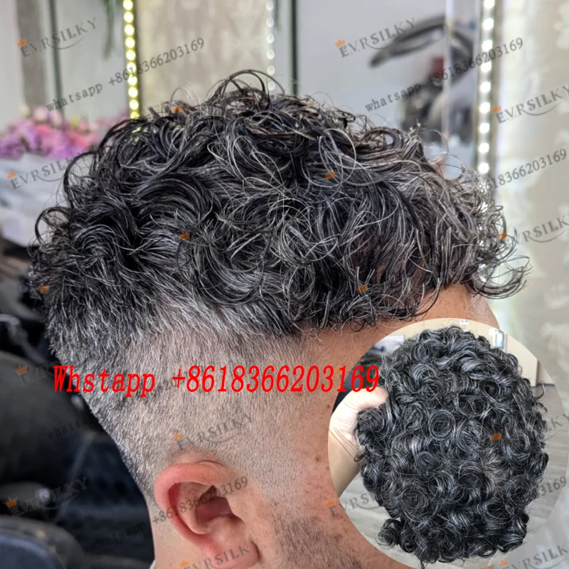 Grey Hair 1B40 Afro Man Human Hair Men Toupee Natural Hairline Full Skin Base 18mm Male Wigs Hair Prosthesis Capillary Long Last