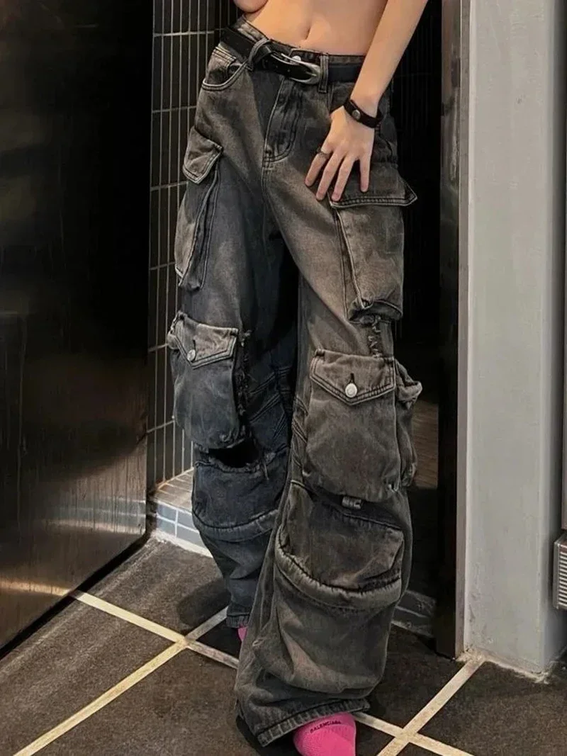 

Vintage Wash Multi-Pocket Cargo Jeans Women American Retro Y2k 2000s High Waist Denim Pants Streetwear Wide Leg Trousers