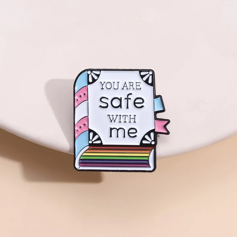 Cartoon Rainbow Books Metal Badge Safety With Me Reading Enamel Brooch Punk Costume Lapel Pins Jewelry Accessories Friend Gift