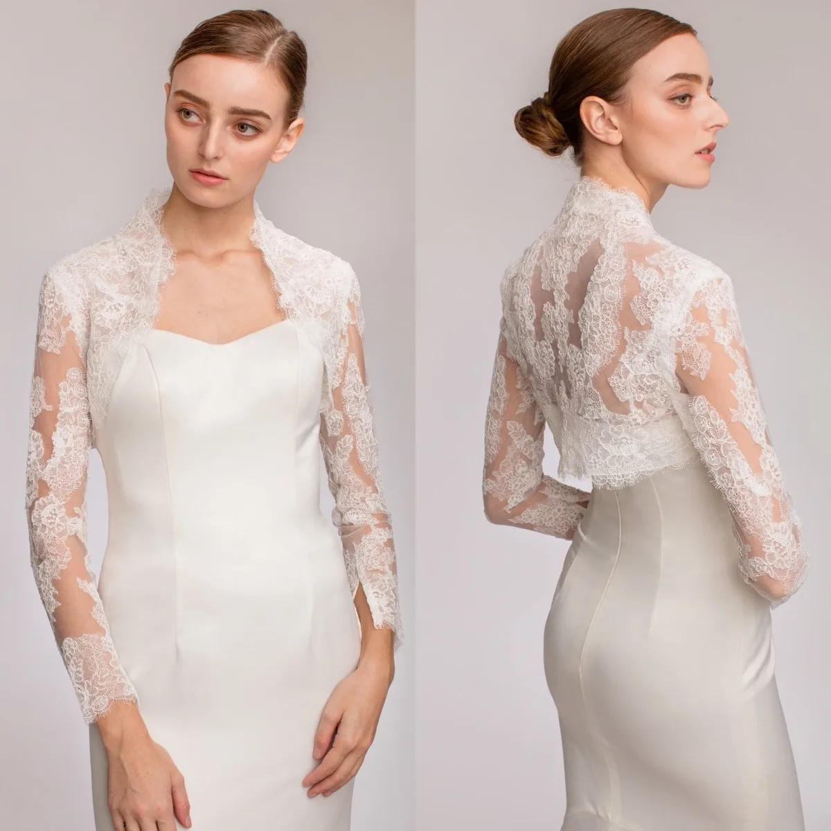 Formal Bridal Lace Wraps Open Front High Neck Lace Appliques Long Sleeves Wedding Jacket Custom Bride Shrug  Boleros