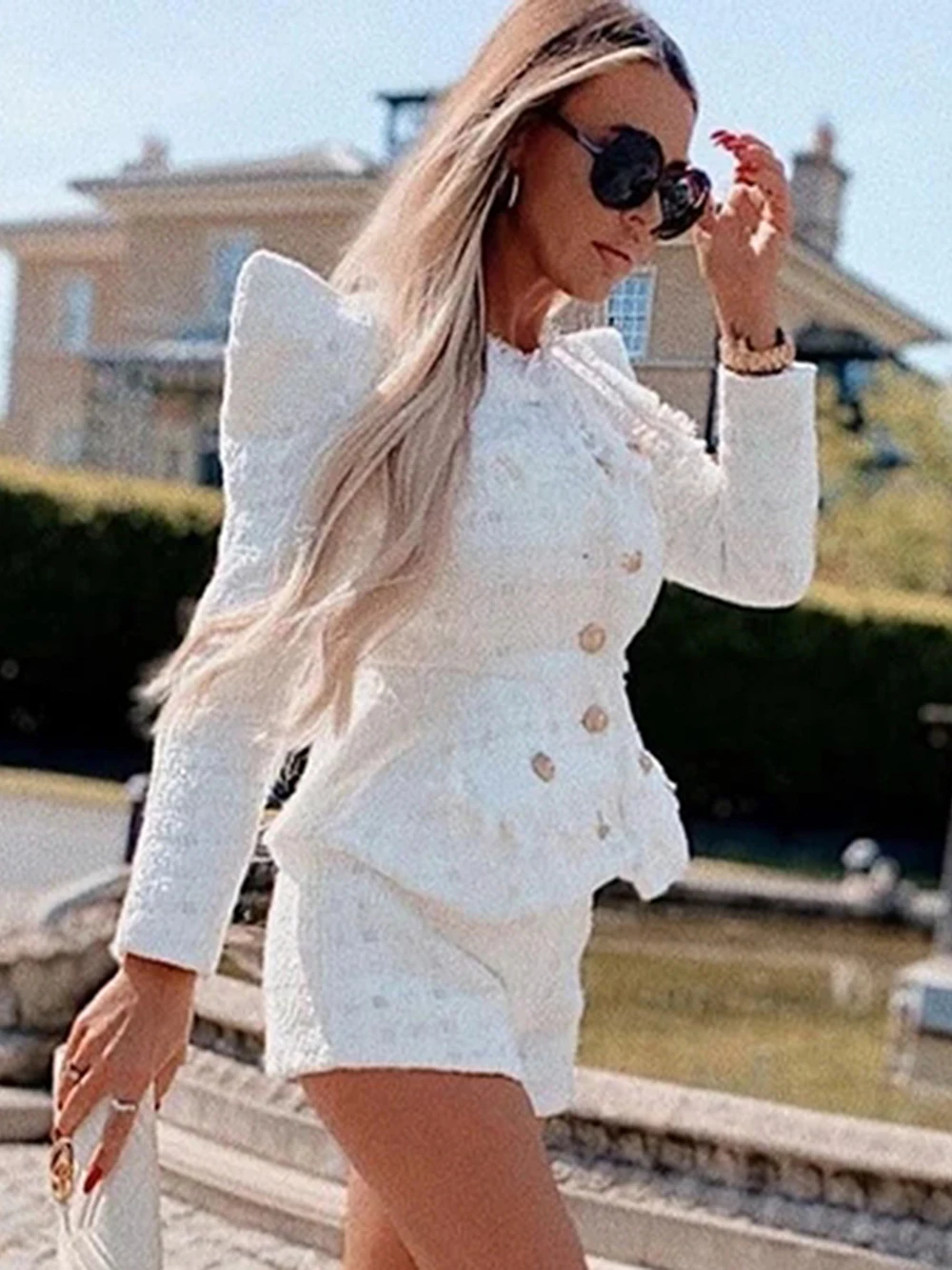 Elegant White Tweed Women Set Single-breasted Fringed Jacket & High Waist Shorts Suit Fashion Celebrity Party Sets 2023 Fall New