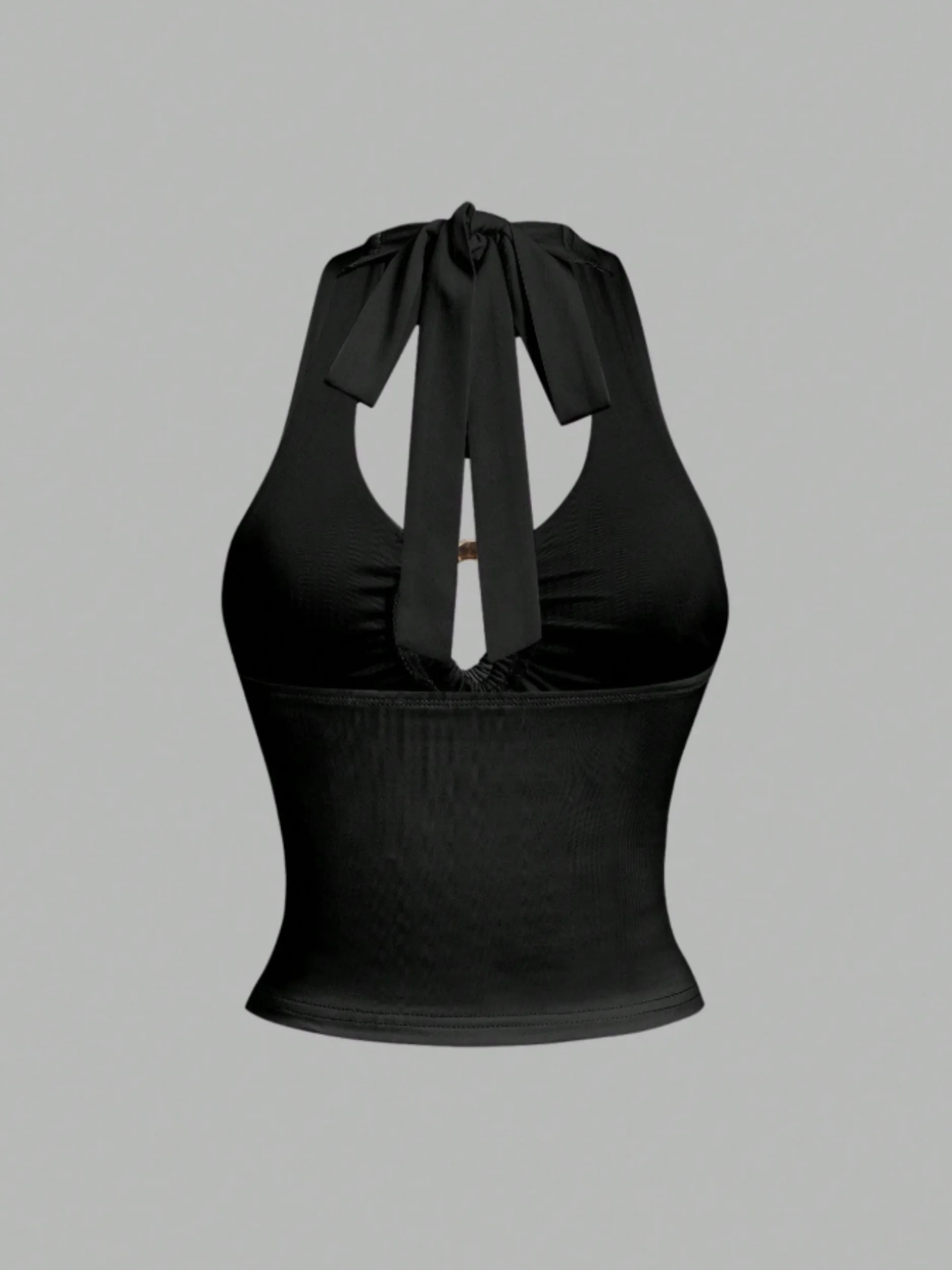 Women Halter Tie Back Camisole Metal Ring Cutout Front Ruched Waist Slim Fit Solid Color Cropped Sleeveless Tank Top