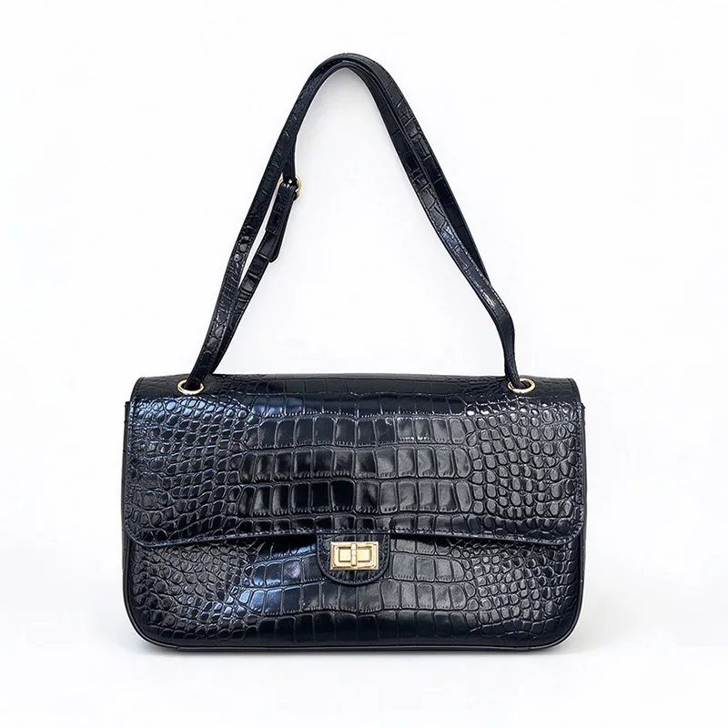 Trendy Trends Black Crocodile-patterned Shoulder Bags Women Large Capacity Genuine Leather Flap Square Bag Elegant Daily Commute