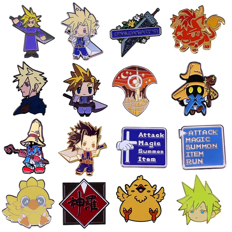 Final Fantasy Enamel Pins Cloud Strife Buster Sword Meteor Chocobo Red Mage Vivi Badge Shinra Attack Menu Brooch Gamer Accessory