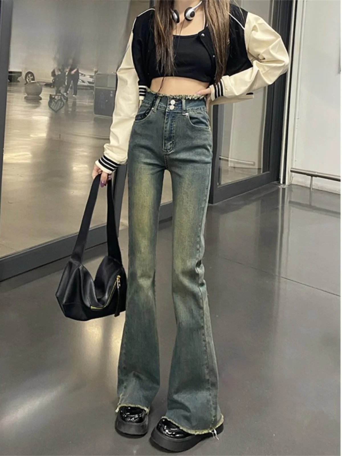 

High Waist Vintage Denim Jeans Women plus Size Autumn Winter American Sle Slimming Micro Flared Pants Frayed Long Trousers