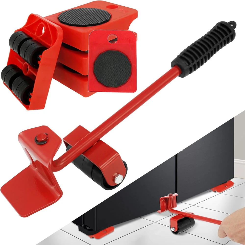 Kit de 6 roulettes de transport multi-usages pour meubles lourds, kit d'outils de déménagement avec levier de levage, élévateur et roulettes de glissement pour objets lourds, outils de déménagement manuels robustes, roulettes de protection pour sols durs pour un levage et un transport sans effort de grands meubles