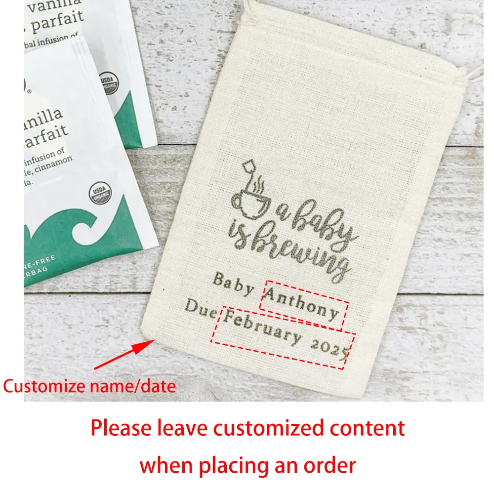 Personalized 4Pcs Baby Shower Favor Bags Cloth Tea Gift Bags A Baby Is Brewing Newborn Party Guests Favors Party Decor Keepsake