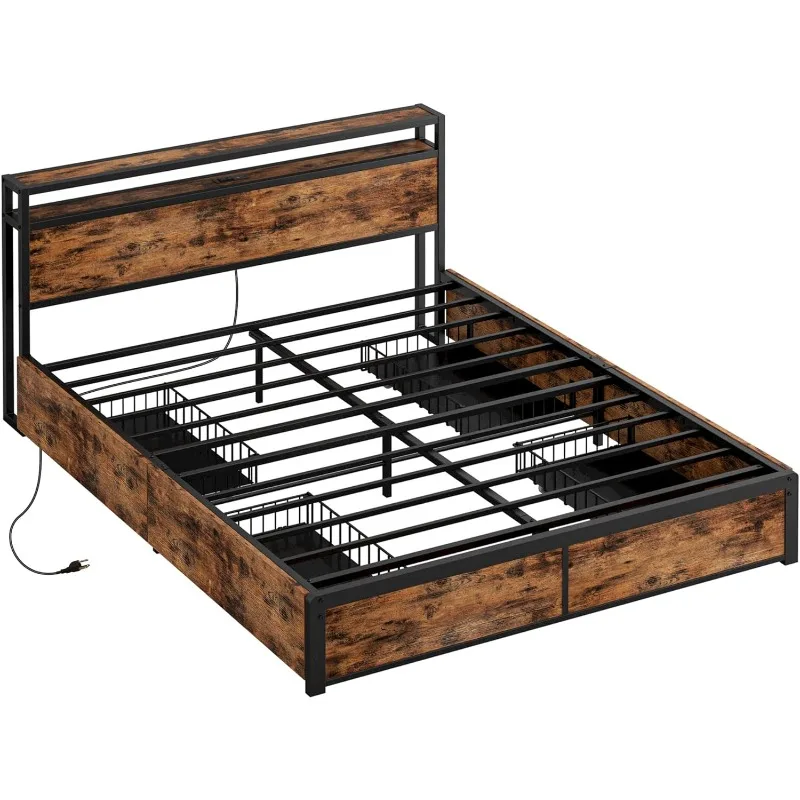 

Full Size Bed Frame with Storage, 2-Tier Storage Headboard with Charging Station and 4Drawers,No Box Spring Needed,Easy Assembly