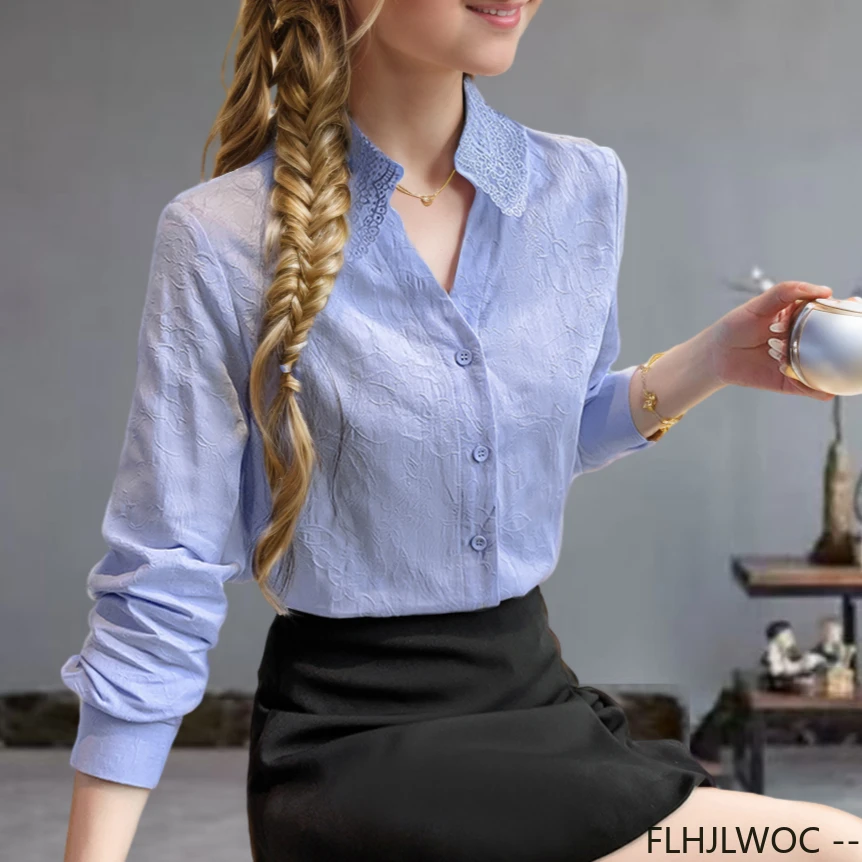 

Cotton Tops Blouses Chic Korea Office Lady Woman Basics Long Sleeve White Lace V Neck Blue Pink Button Retro Vintage Shirts