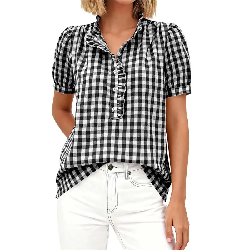 

CYL-Womens Short Sleeve Summer Tops Striped Plaid Ruffle V Neck Button Down Shirts Casual Blouses