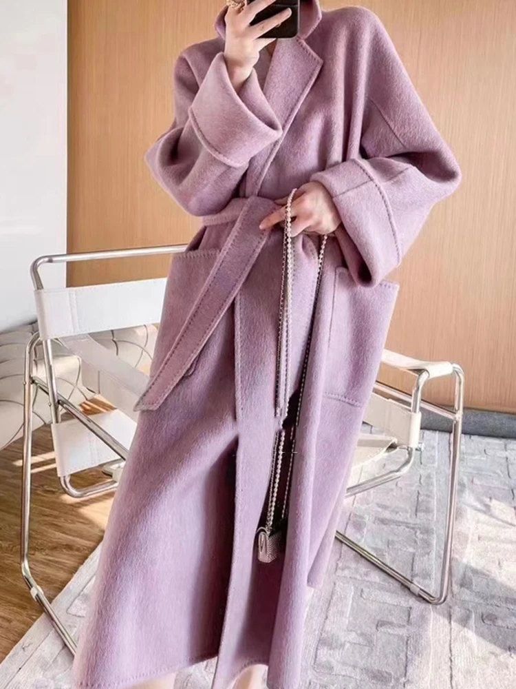 LANMREM Fashion Winter Wool Long Coat Women Notched Collar Belt Gathered Waist Solid Color Loose Jackets 2023 New 2AA3385