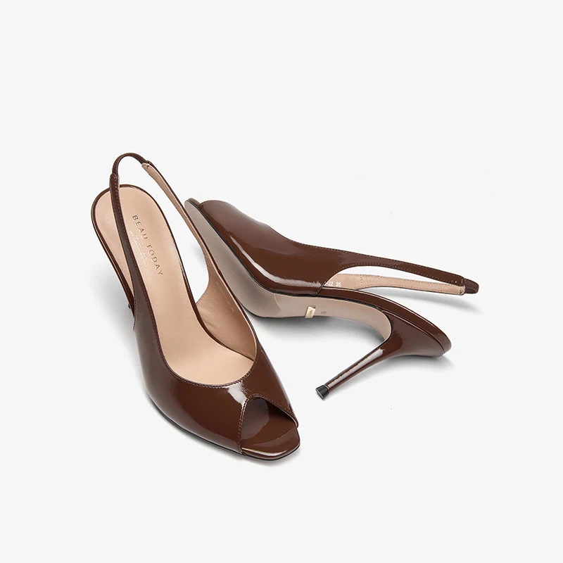 BEAUTODAY Sexy Sandals Women Patent Leather Solid Color Peep Toe Elegant Pumps Back Strap Slip-On Ladies Shoes Handmade MS3D053