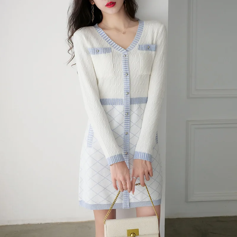 ZXRYXGS Temperament Knitted Dress 2023 Spring New Woman Fashion Dress Celebrity Style Slim V-neck White Dress Women's Clothing