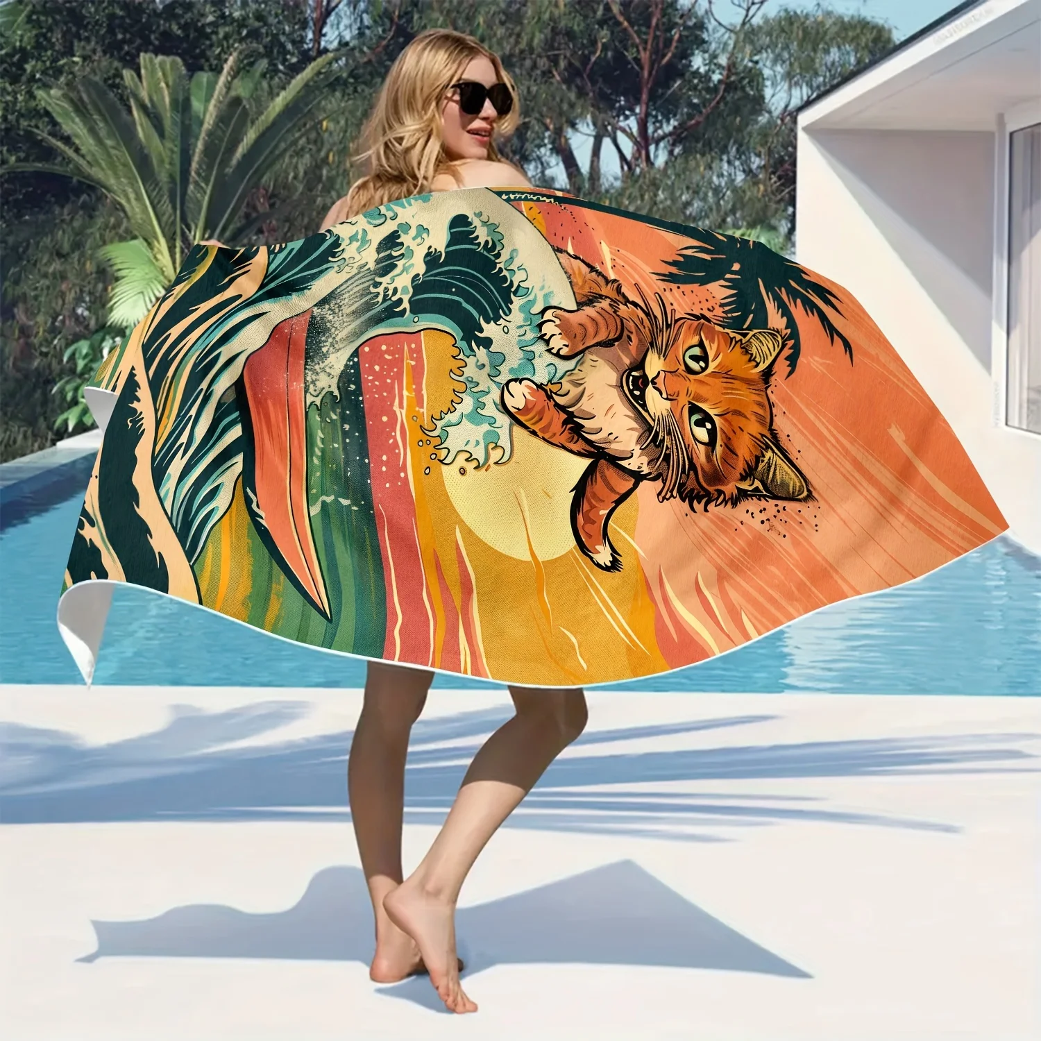Cat Surfing Print Theme polyester microfiber beach towel is highly absorbent, suitable for swimming and beach outings