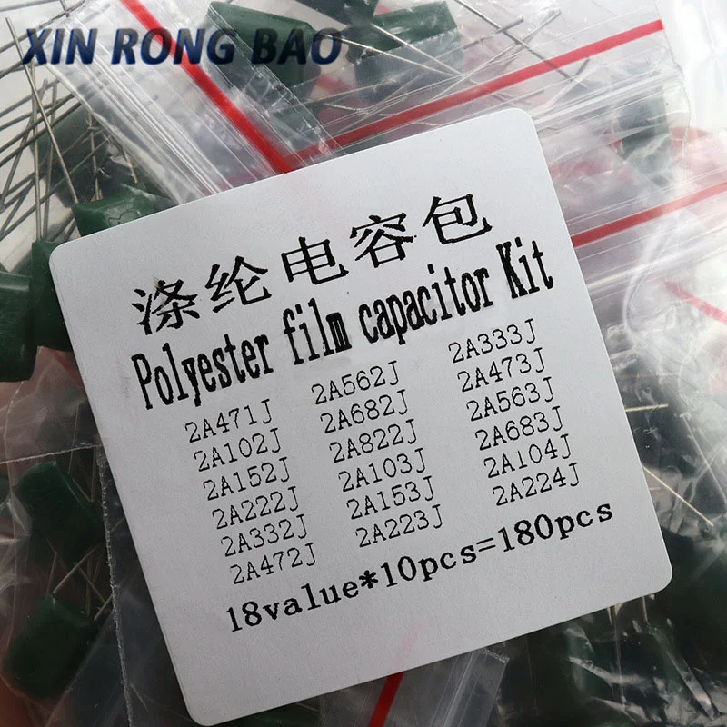 180pcs=18value*10pcs Polyester film capacitor Assorted Kit contains 2A104J 2A332J 2A472J 2A103J 2A333J 2A473J 2A563J 2A223J