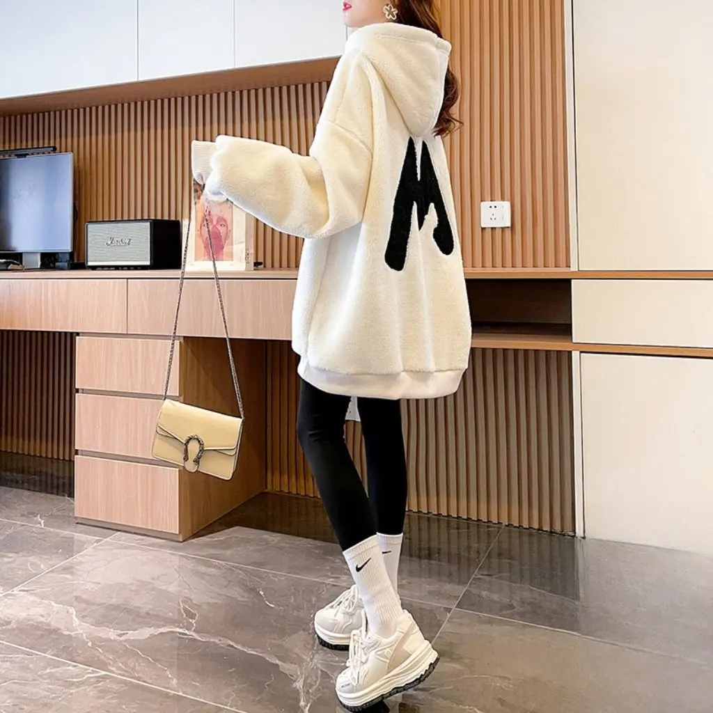 เสื้อแจ็คเก็ตมีฮู้ดบุขนแกะสำหรับผู้หญิง สไตล์ลำลอง หลวม ใส่ได้ทุกโอกาส แฟชั่นฤดูใบไม้ร่วงและฤดูหนาว