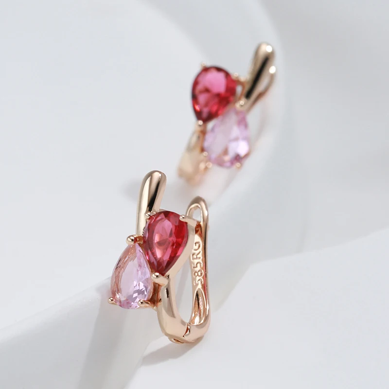 Wbmqda Fashion Red With Pink Natural Zircon Drop Earrings Ring For Women 585 Rose Gold Color Romantic Wedding Fine Jewelry Sets