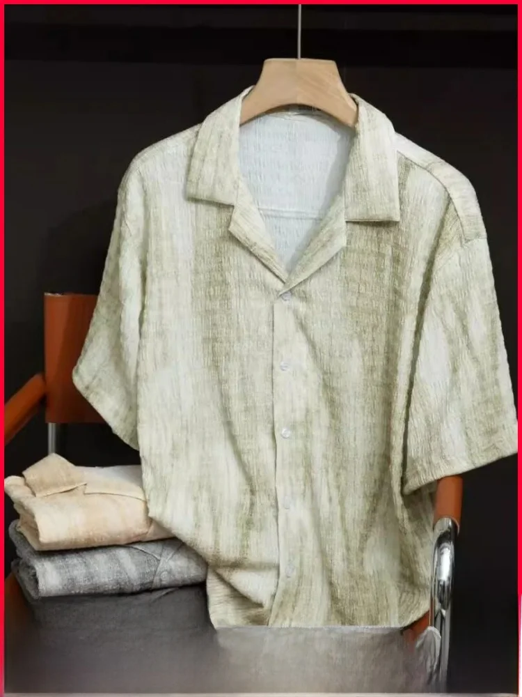 

Casual Cuban Collar Short Sleeve Shirt Men's Loose Fit Summer New Style Comfortable Breathable Youth Fashion Textured Folded ...