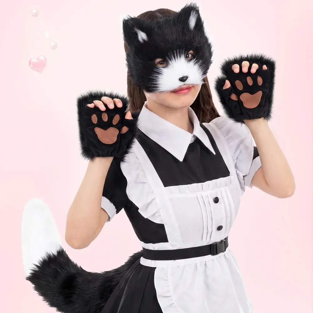 Halloween Simulation Cat Plush Mask Beast Claw Tail Set Cosplay Party Dress Up