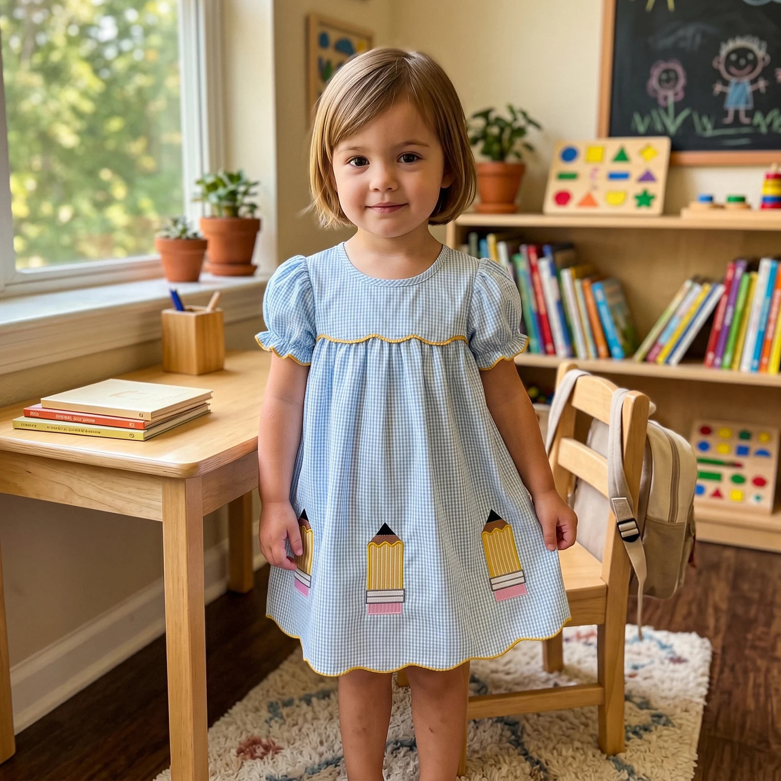 2-8Y Girls Casual A-line Dress Short Sleeve Crew Neck Plaid Embroidery Pencil Summer Dress Back to School Clothes