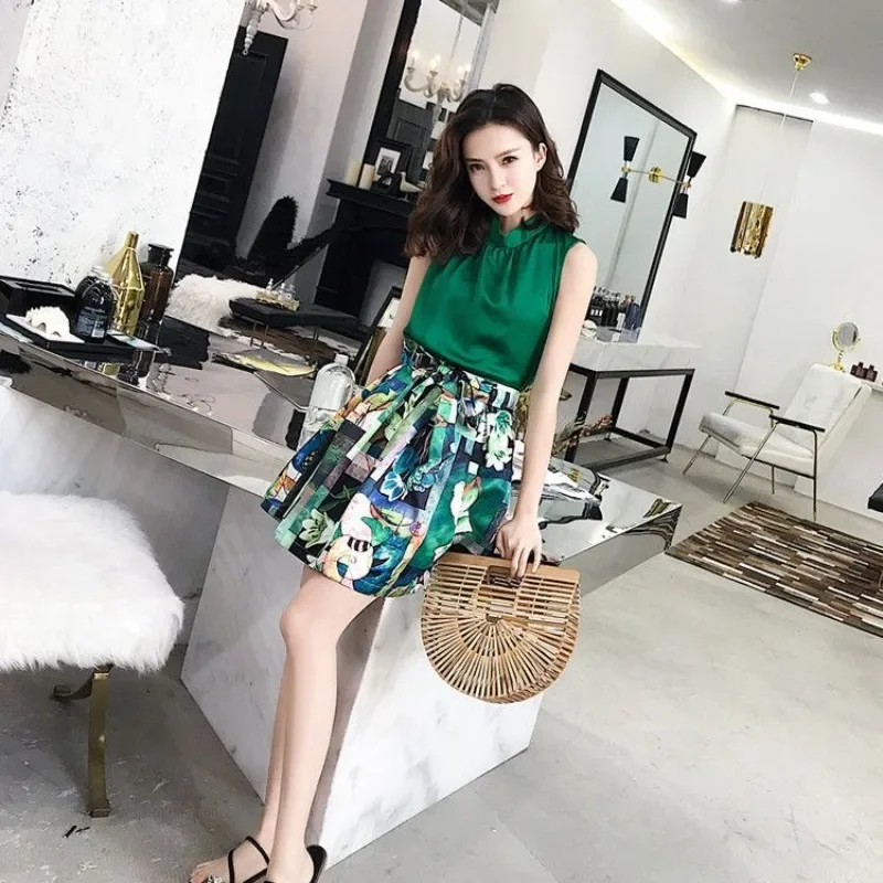 Mini Solid Color Dress Skirt Woman Outfit Mature Printing Short 2 Pieces Sets for Women Beach Formal Occasion New Matching Korea