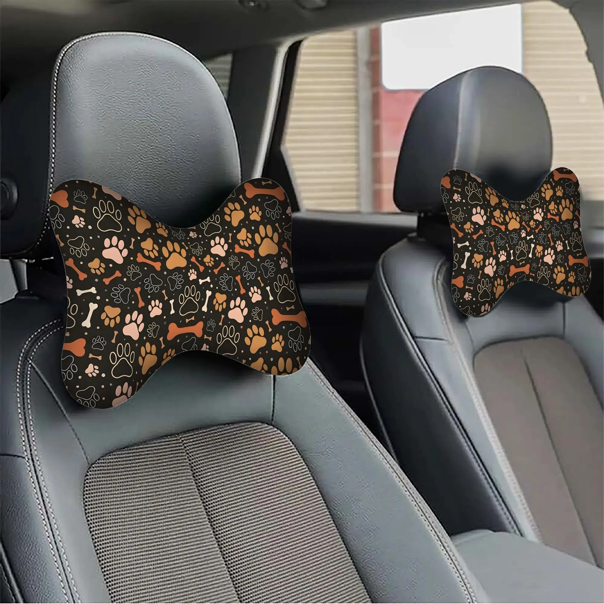 2pcs Dog Paw Print And Bone Pattern Car Headrest, Soft And Comfortable Neck Support For All Seasons, Car Neck Pillow, Comfortabl