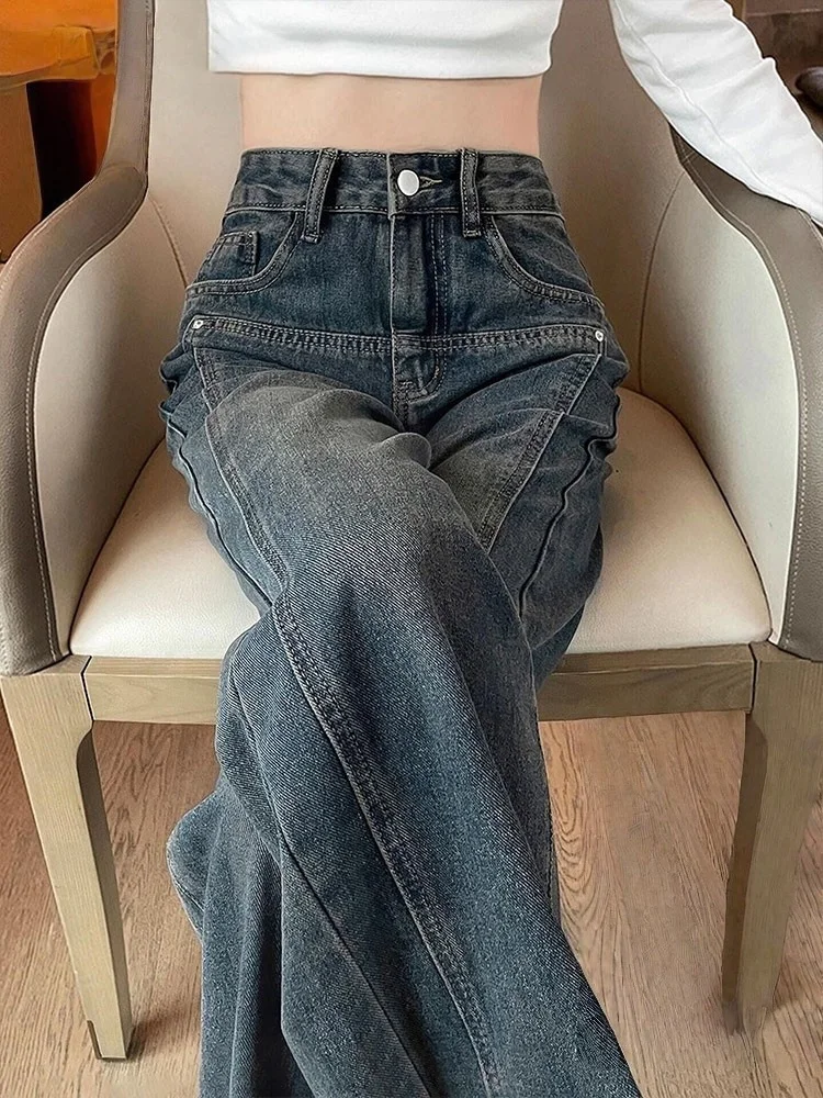 

Black High Waist Straight Leg Jeans Women plus Size Pear Shape Body Retro Winter Long Pants Floor Length Wide Leg Trousers